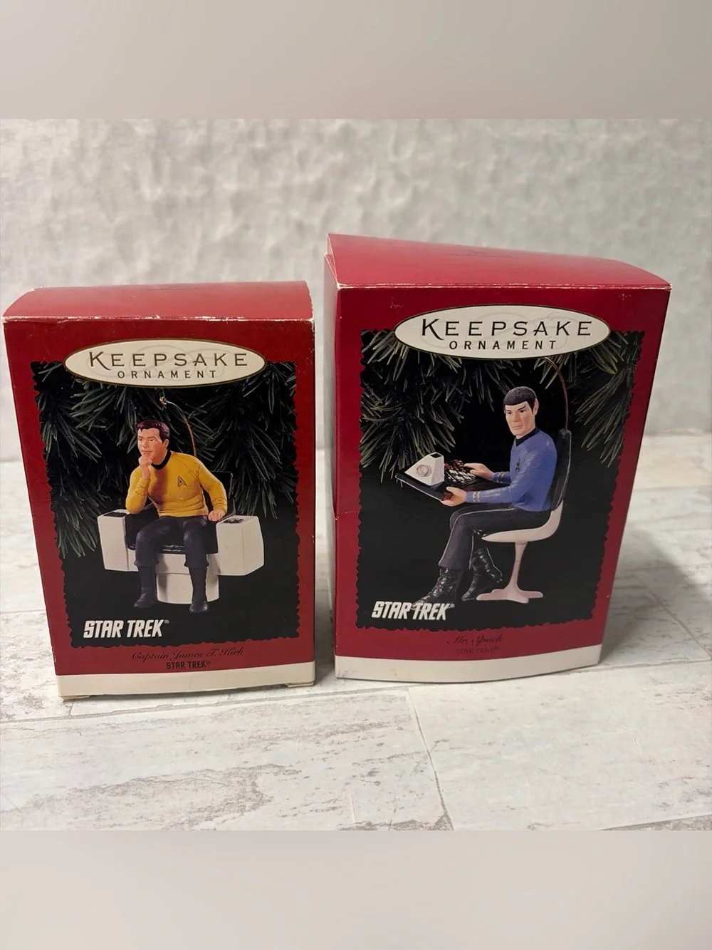 1995 Hallmark Star Trek Captain James T. Kirk Ornament and 1996 Spock